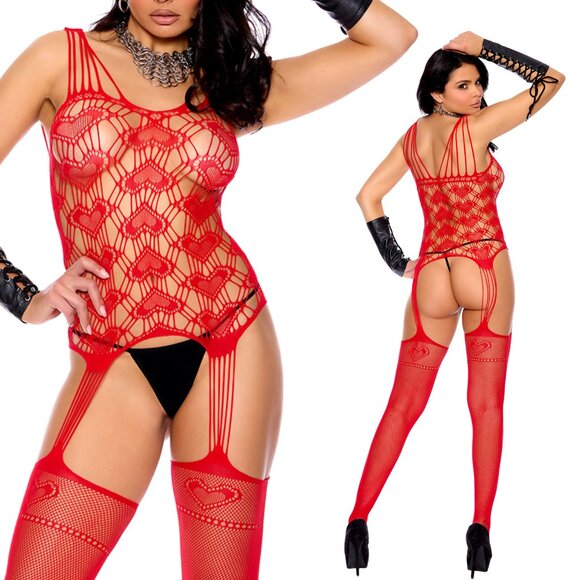 Elegant Moments Other - 🔥 NEW Red Heart Fishnet Suspender Garter Bodystocking